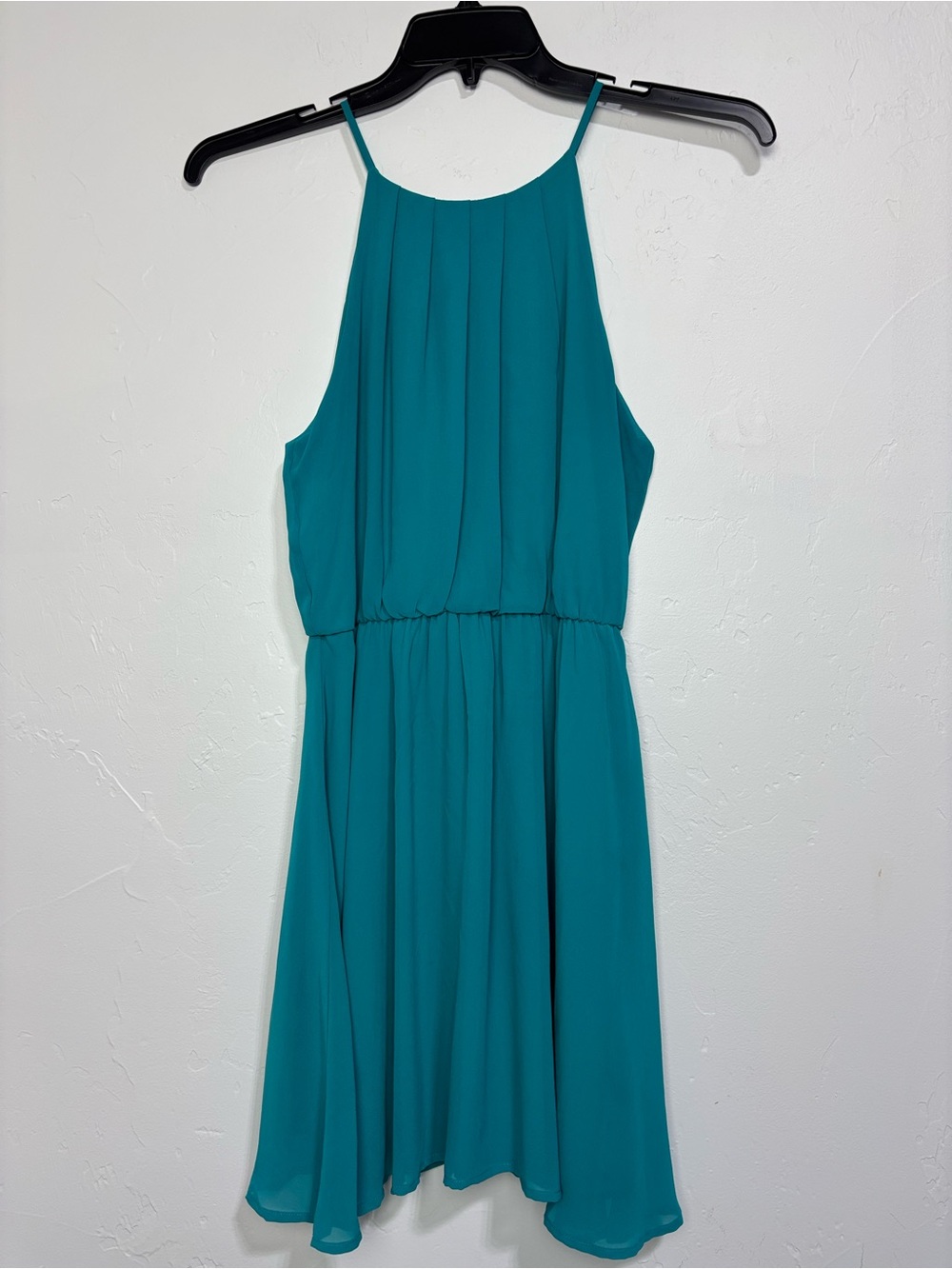 LUSH Women's Medium Teal Halter Pleated Chiffon Mini Dress Lined Elastic Waist